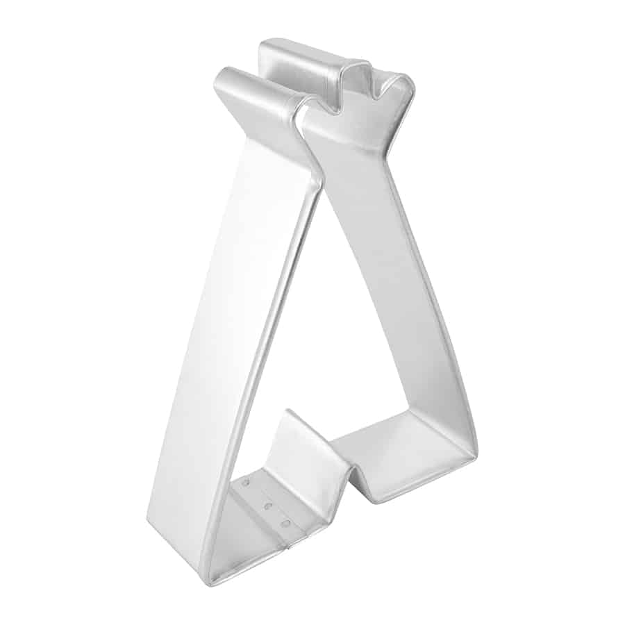 Angled side view of a sturdy teepee-shaped cookie cutter with reinforced edges.