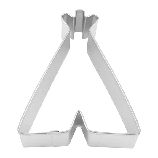 Metal teepee cookie cutter with a triangular shape and detailed top, front view.