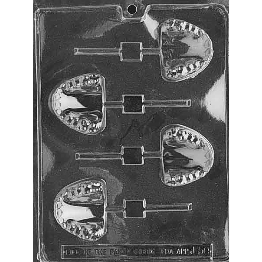 Clear plastic chocolate lollipop mold tray with four cavities shaped like a row of teeth and built-in stick channels.