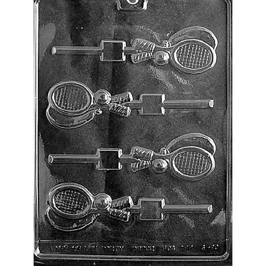 Four-cavity tennis chocolate lollipop mold with crossed racquets, centered balls, defined string patterns, textured handles, and stick channels.