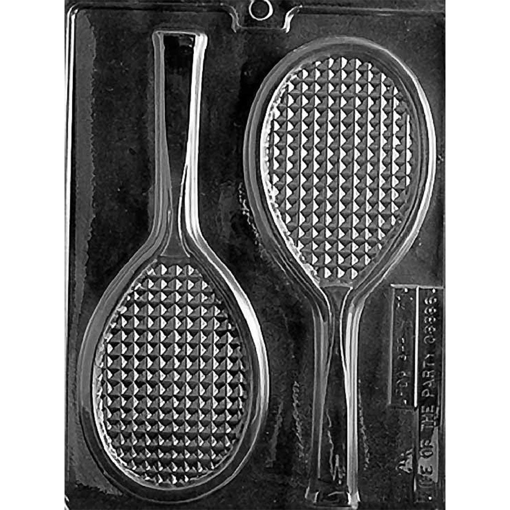 Two-cavity tennis racquet chocolate mold with large 8 1/2-inch racquet shapes, detailed string patterns, defined frames, and long handles