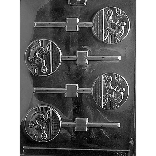 Clear four-cavity Tennis Scene Chocolate Lollipop Mold with two round action designs featuring players, rackets, nets, and stick channels