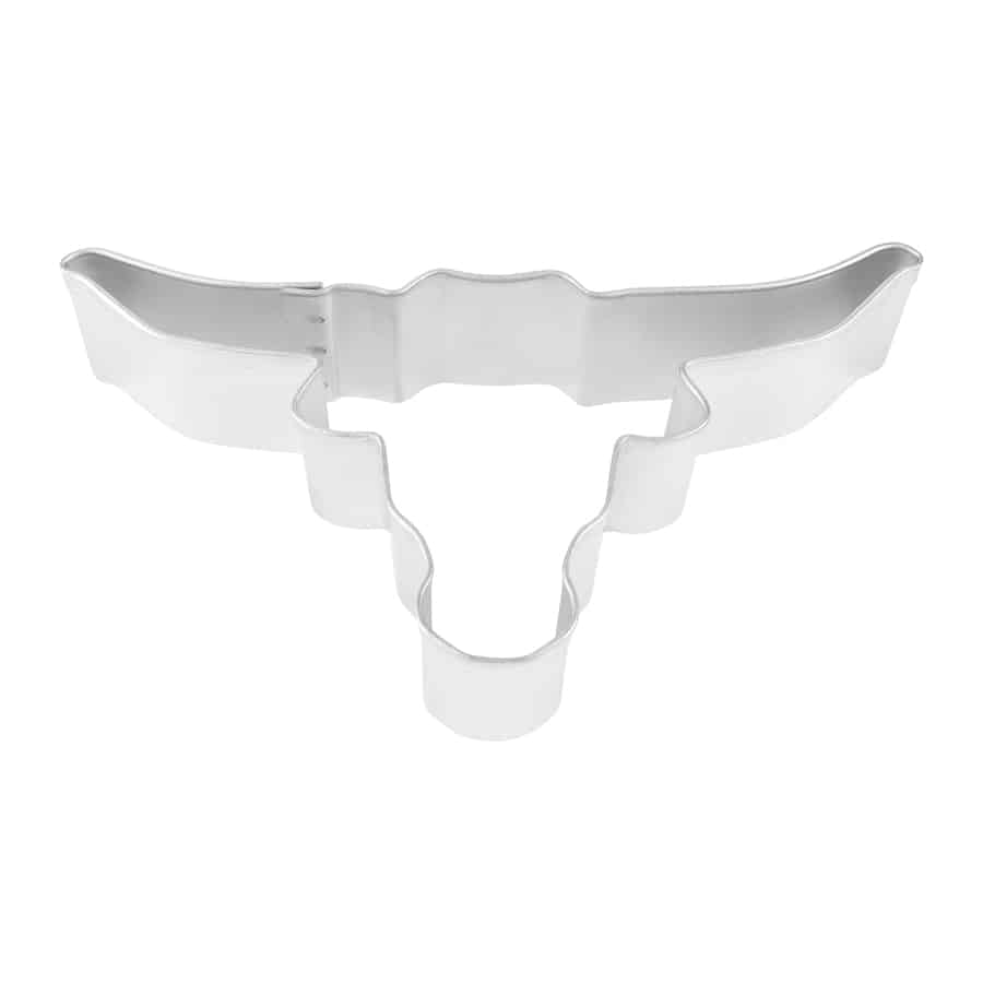 Metal longhorn-shaped cookie cutter featuring wide, curved horns and a strong silhouette, photographed from a top-down view on a white background.