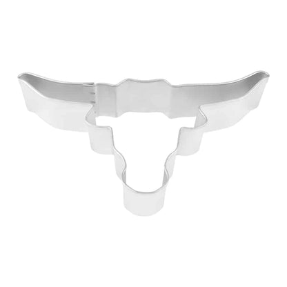 Metal longhorn-shaped cookie cutter featuring wide, curved horns and a strong silhouette, photographed from a top-down view on a white background.