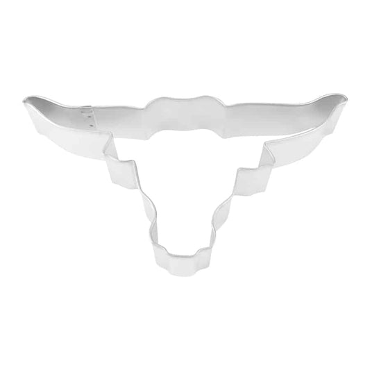 Top-down view of a longhorn-shaped cookie cutter with detailed horns and face.