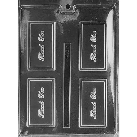 Clear plastic chocolate mold with four rectangular bar cavities, each featuring a smooth raised border and the words Thank You in elegant script.