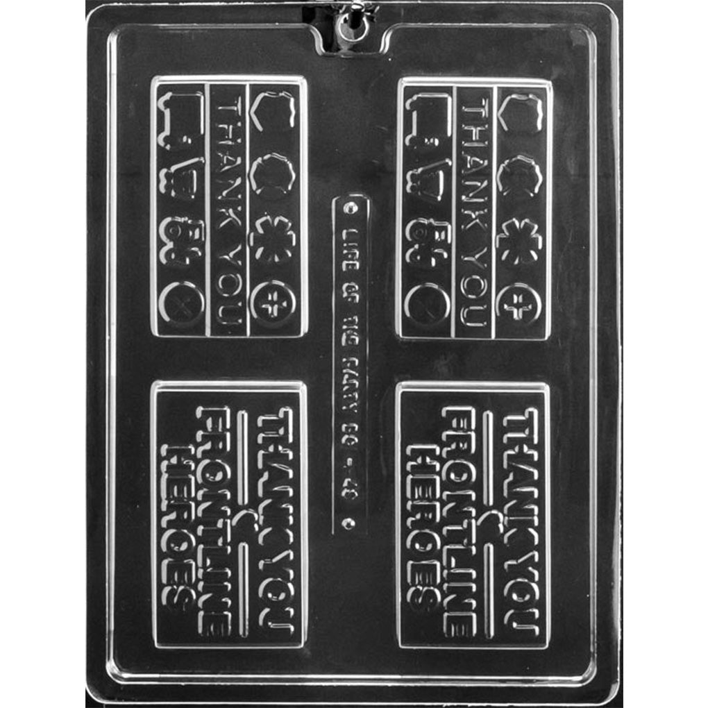 Four-cavity Thank You Frontline Heroes chocolate bar mold with two raised message designs, service-inspired symbols, and 3 3/4 x 2 1/8 x 3/8-inch bars