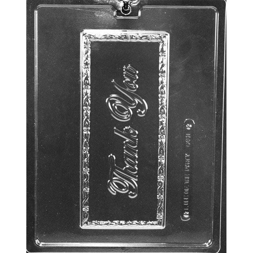 Clear plastic Thank You script chocolate mold with one large rectangular bar cavity, flowing lettering, and a raised floral border