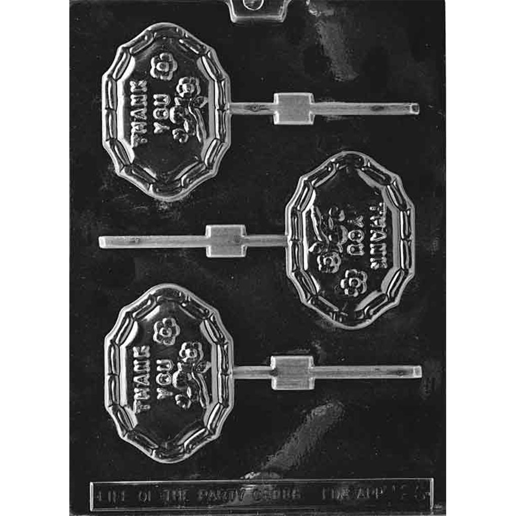 Three-cavity thank-you sign chocolate lollipop mold with raised “THANK YOU” lettering, flower and leaf accents, decorative framed borders, and stick channels.