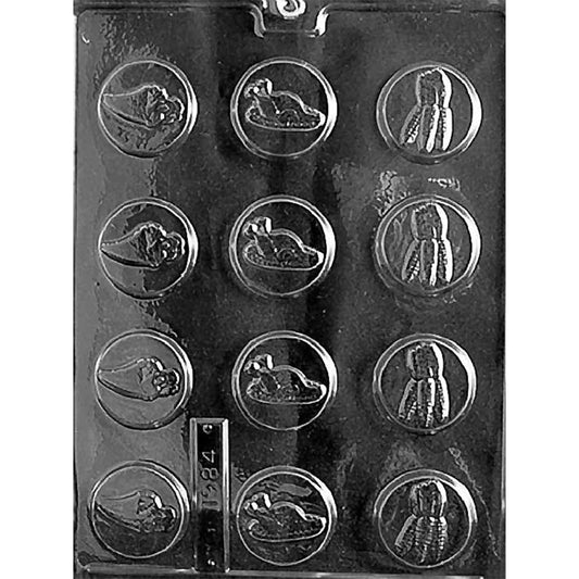 Thanksgiving chocolate mint mold with round cavities featuring embossed cornucopia, roast turkey, and corn in husks designs.