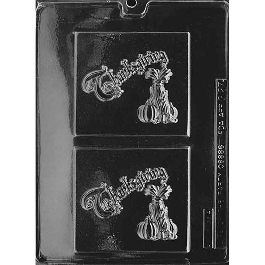 Clear Thanksgiving Card Chocolate Mold photographed against a black background with two square cavities featuring a Happy Thanksgiving greeting and harvest scene
