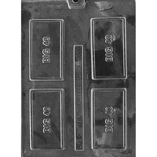 Clear plastic chocolate bar mold with four rectangular cavities, each featuring raised “BIG 40” lettering centered inside a thin rectangular border on a dark background.