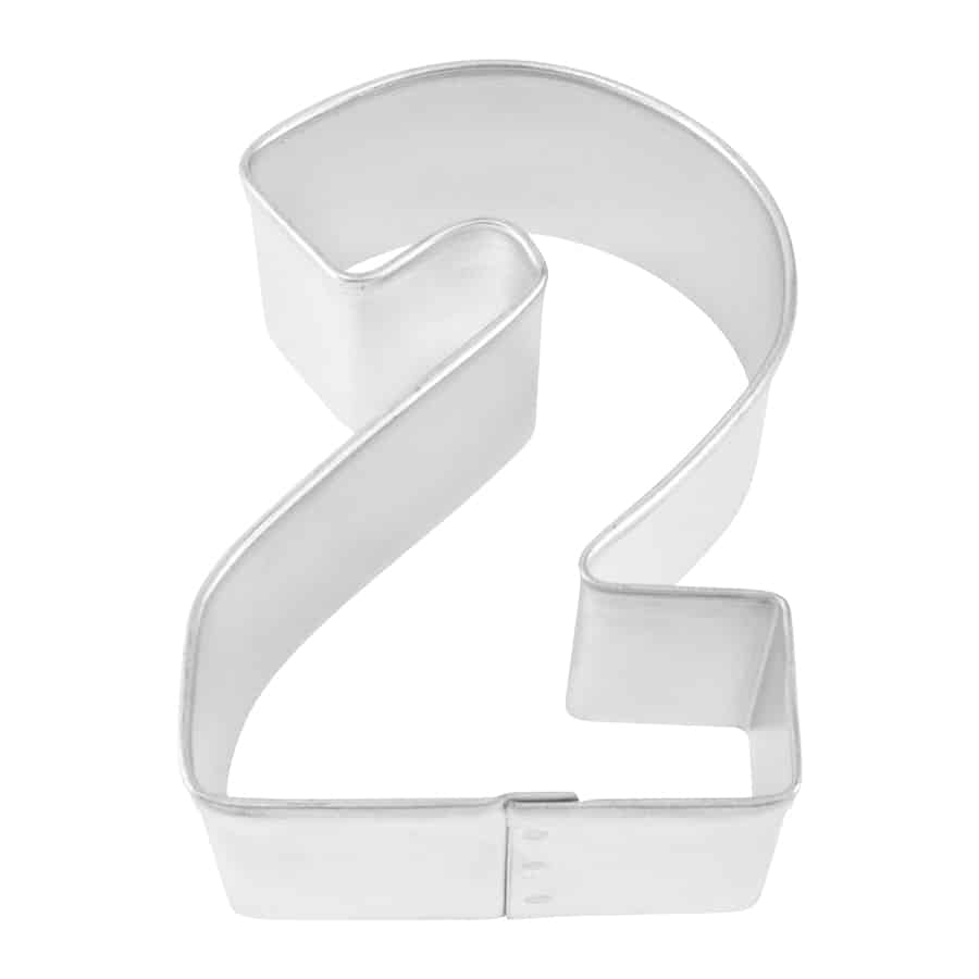 Metal number 2 cookie cutter with smooth edges and a bold shape.