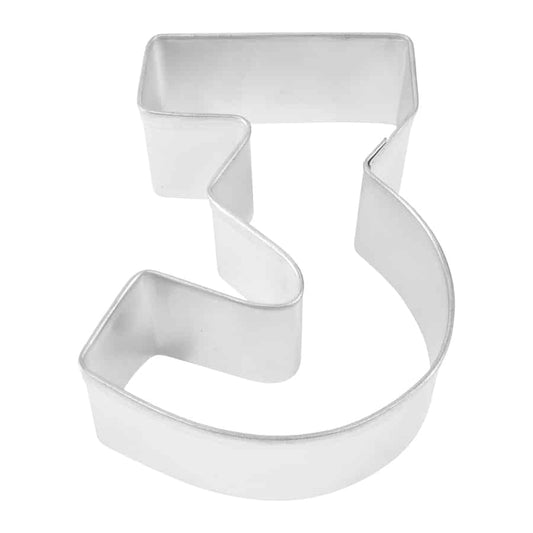 Tinplated steel number 3 cookie cutter with smooth edges.