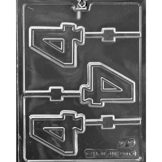 Clear plastic chocolate lollipop mold with three outlined number 4 cavities, each connected to a straight channel for a lollipop stick.