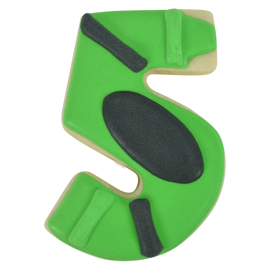 Decorated Number 5 cookie with green and black icing, designed as a sports field.