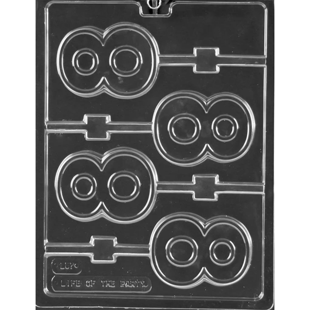 Clear plastic chocolate lollipop mold with four rounded number 8 cavities, each featuring outlined inner circles and a channel for a lollipop stick.