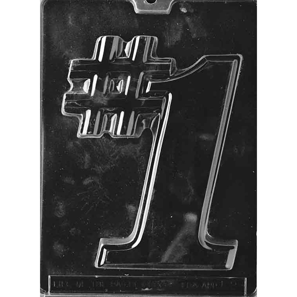 Plastic chocolate mold featuring a large "#1" design, ideal for making bold, celebratory chocolate pieces for birthdays, sports wins, or first-place awards.