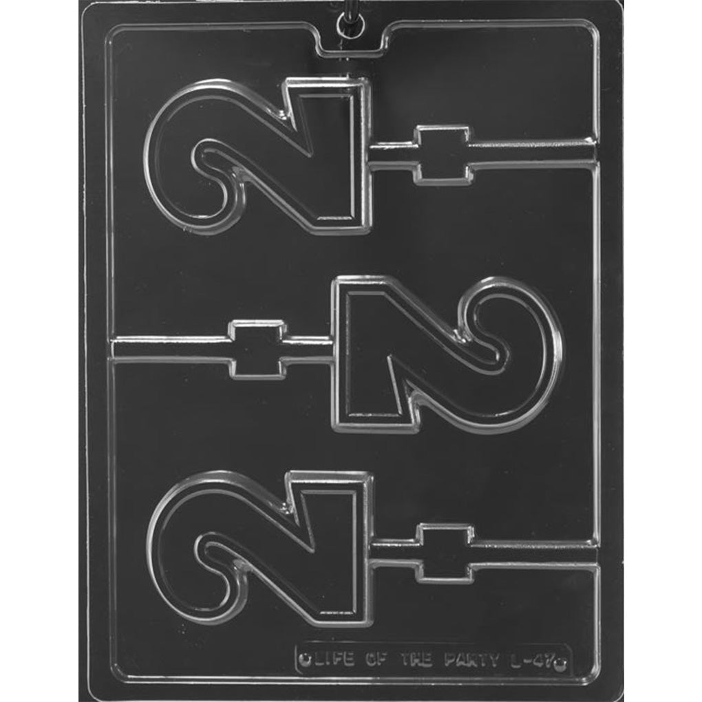 Clear chocolate lollipop mold with three large number 2 cavities featuring smooth curved shapes and straight stick channels on a dark background.