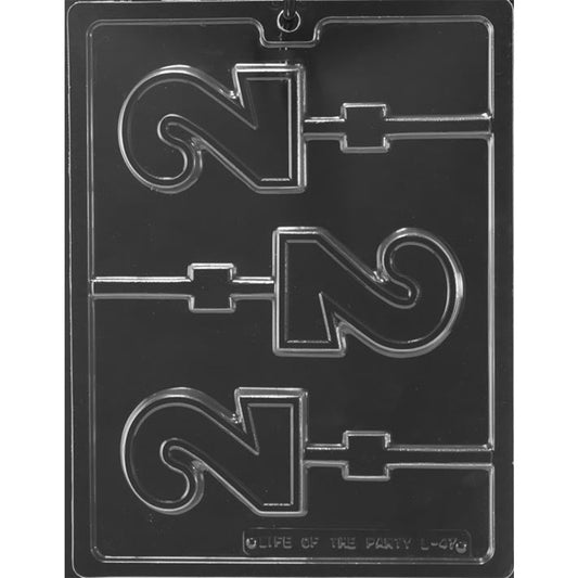 Clear chocolate lollipop mold with three large number 2 cavities featuring smooth curved shapes and straight stick channels on a dark background.