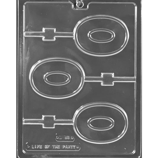 Clear plastic chocolate lollipop mold with 3 rounded number zero cavities and individual stick channels.