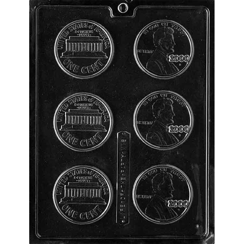 Clear Year 2000 Pennies Chocolate Mold photographed against a black background, featuring six round cavities with raised Lincoln penny designs showing the front and back of the coin.