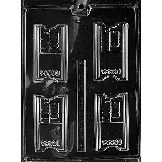 Clear Theatre Ticket Chocolate Mold photographed against a black background with four rectangular ticket cavities featuring notched ends, raised borders, the words “Admit One,” and embossed serial numbers.