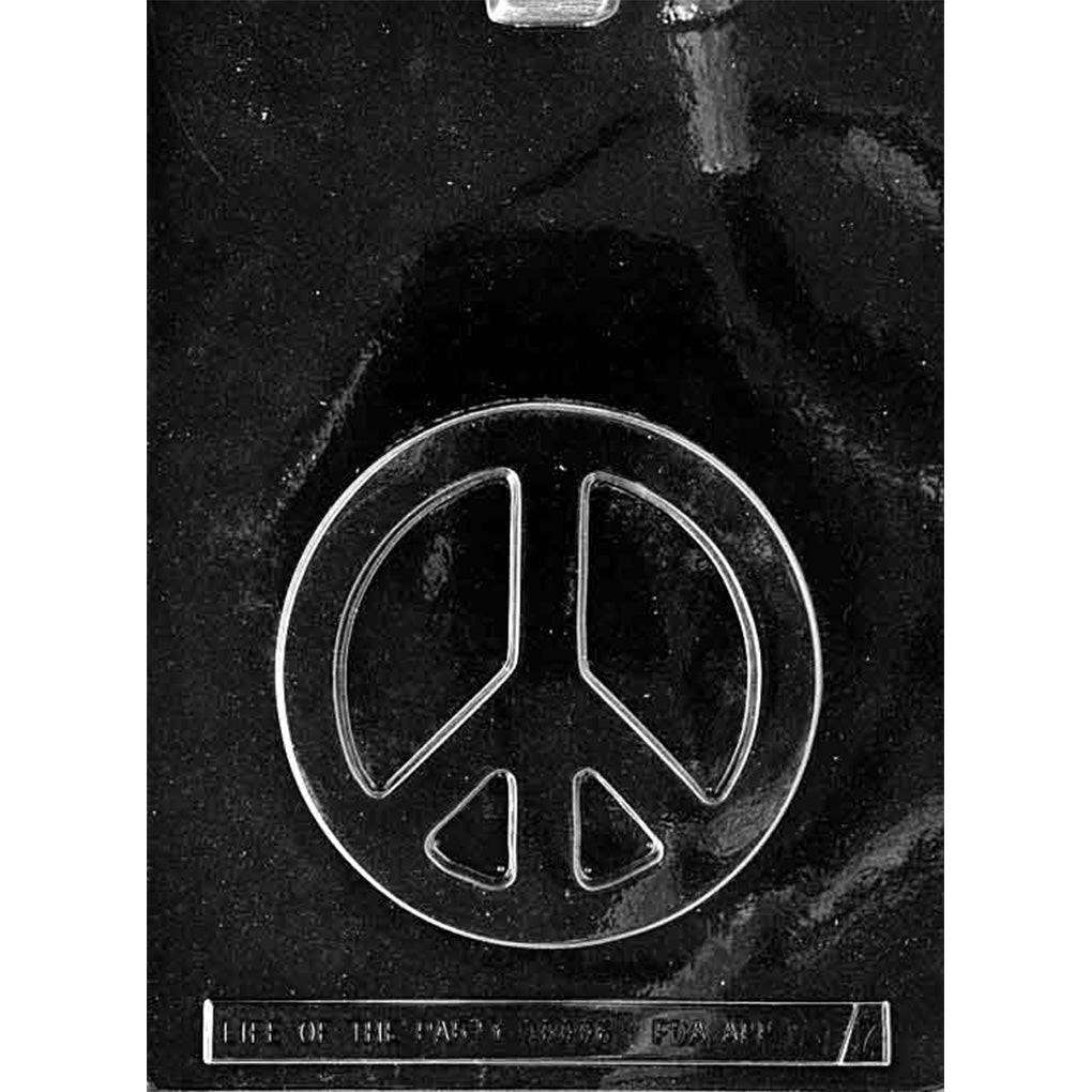 Clear Peace Symbol Chocolate Mold with one large 4 3/4-inch round peace sign cavity photographed against a black background.