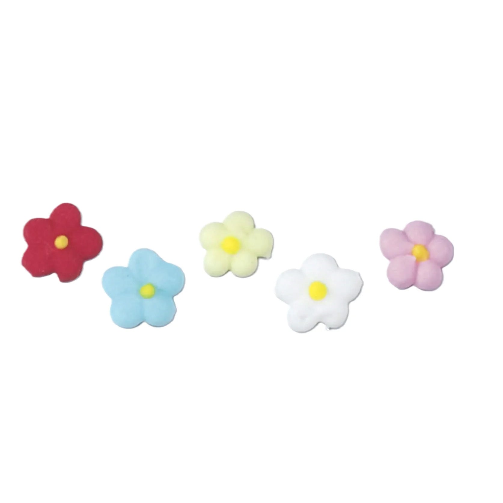 Assorted mini royal icing drop flowers in red, blue, pale yellow, white, and pink, each with five rounded petals and a small yellow center on a white background.