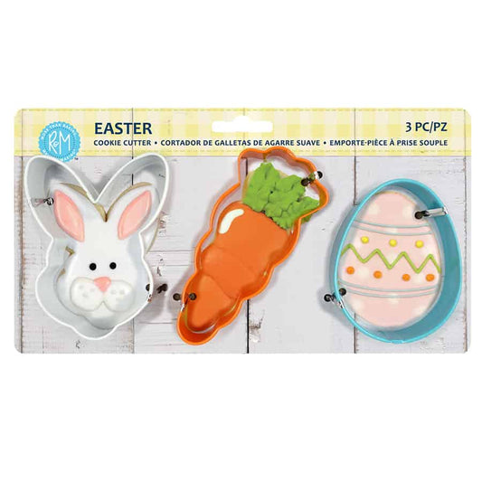 Easter cookie cutter set in packaging, featuring a bunny, carrot, and decorated egg.