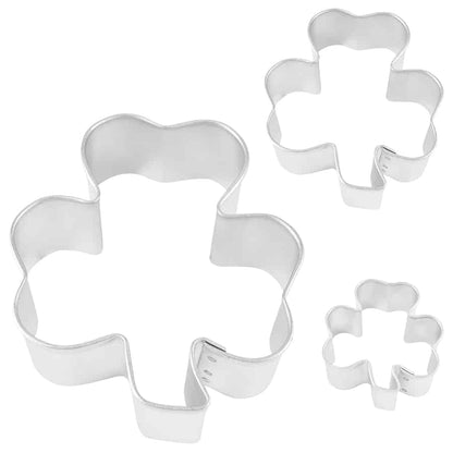 Three metal shamrock cookie cutters in small, medium, and large sizes.