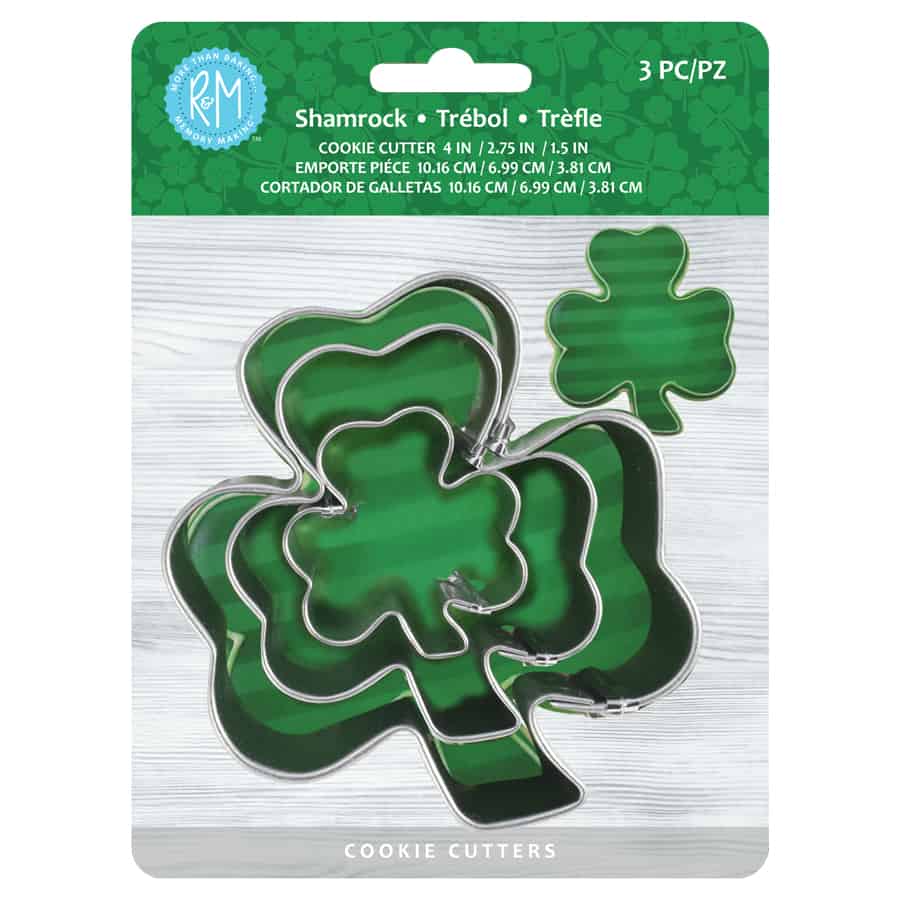 Shamrock cookie cutter set in three sizes, packaged for St. Patrick’s Day and Irish-themed baking.