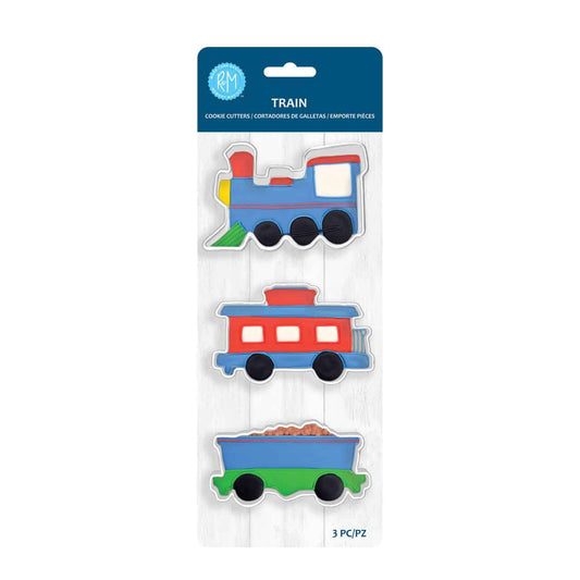 Train Cookie Cutter Set in packaging, featuring locomotive, caboose, and coal hopper designs.