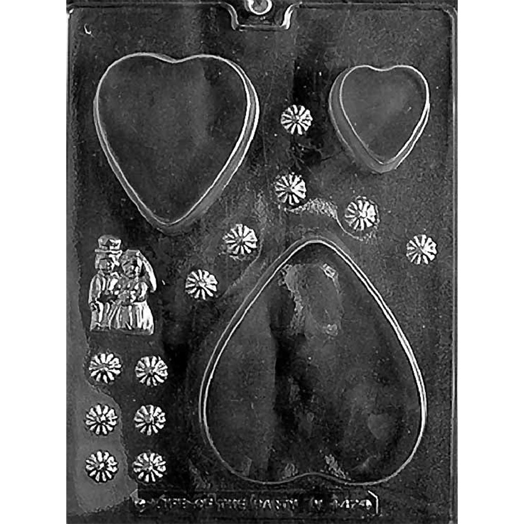 Clear 3 Tiered Heart Wedding Cake Chocolate Mold with three graduated heart cavities, one bride-and-groom figure, and 12 small flowers