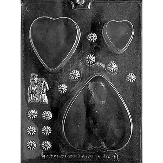 Clear 3 Tiered Heart Wedding Cake Chocolate Mold with three graduated heart cavities, one bride-and-groom figure, and 12 small flowers