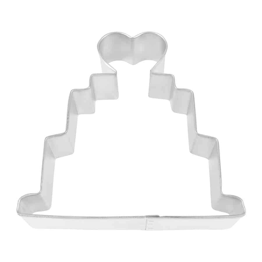 Metal wedding cake-shaped cookie cutter with a heart topper, displayed against a white background.