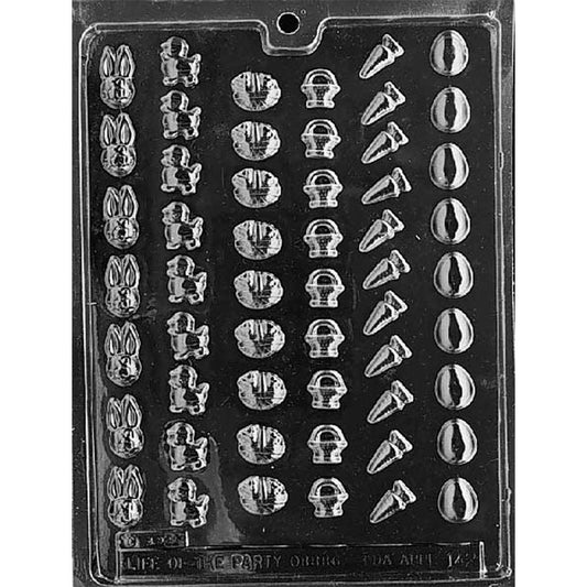 Clear plastic Tiny Easter Assortment Chocolate Mold with 48 cavities featuring bunnies, chicks, decorated eggs, baskets, carrots, and plain eggs