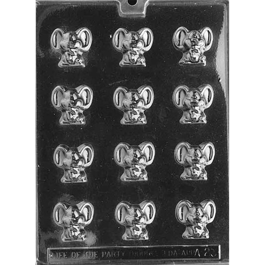 Twelve-cavity tiny mice chocolate mold with seated mice featuring oversized ears, rounded faces, and small paws; each piece measures approximately 1 1/2 x 1 1/2 inches.