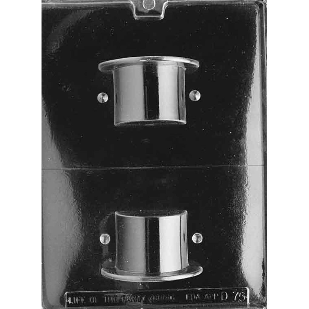 Clear plastic 3D chocolate mold with two top hat cavities, showing a tall crown and flat brim shape, photographed on a dark background.