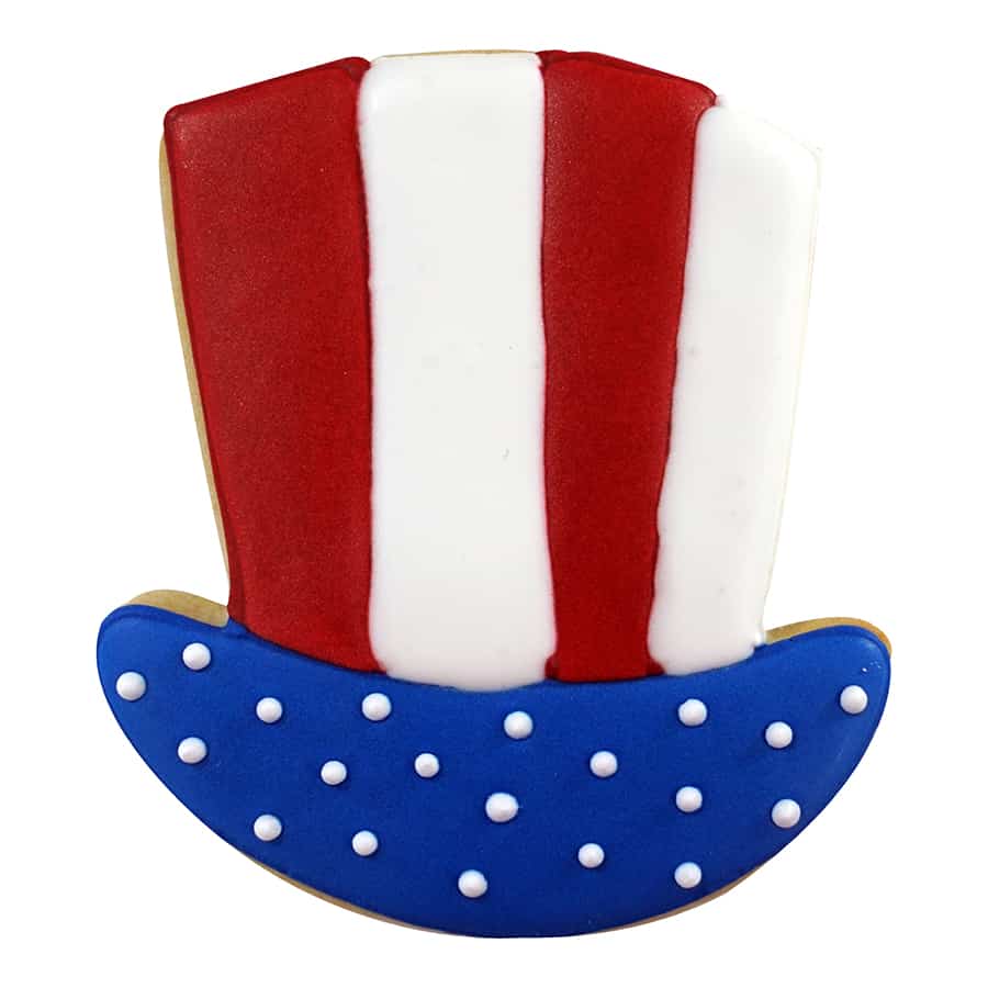 Decorated cookie shaped like Uncle Sam’s top hat with red and white stripes and a blue base with white polka dots.