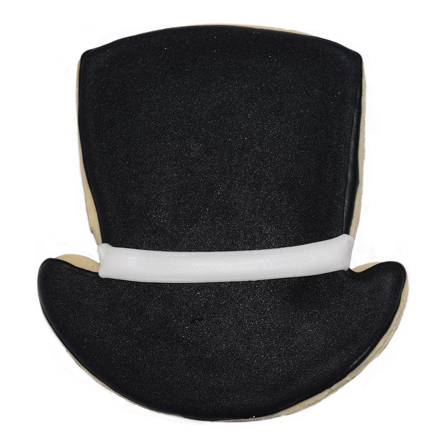 Decorated cookie shaped like a black top hat with a white band, featuring a sleek, formal design.