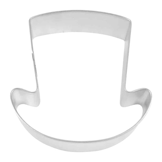 Top-down view of a top hat-shaped cookie cutter with a classic curved brim.