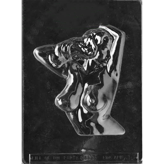 Clear Topless Ladies Torso Chocolate Mold photographed against a dark background, showing one large cavity of a topless woman posing with raised arms and flowing hair.
