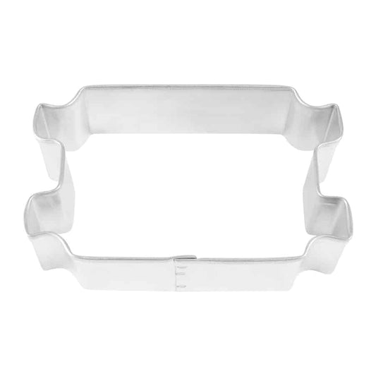 Top-down view of a Torah-shaped metal cookie cutter, featuring a rectangular center with rounded scroll-like edges, perfect for Jewish holiday baking.
