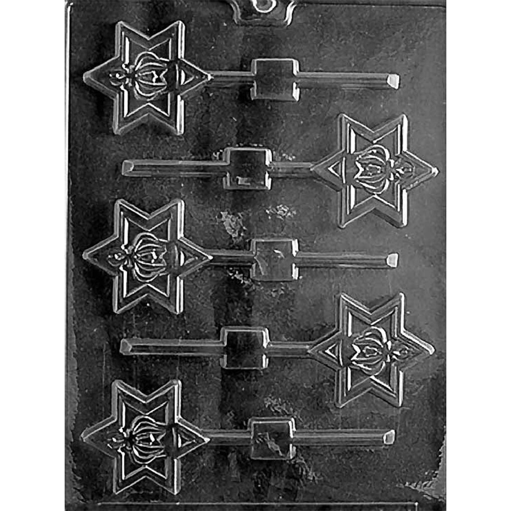 Clear chocolate lollipop mold with six Star of David-shaped cavities, each featuring a Torah crown symbol in the center and a straight stick channel.