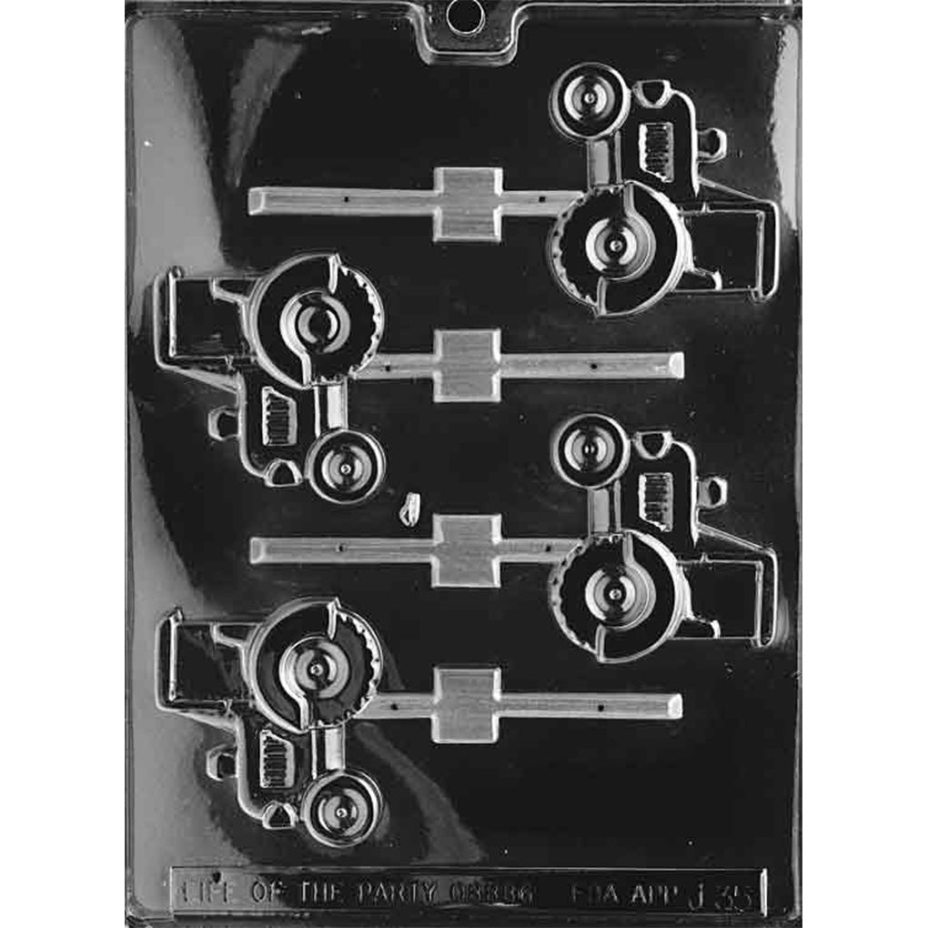 Clear Tractor Chocolate Lollipop Mold with four side-view tractor cavities featuring large rear tires, engine details, and stick slots