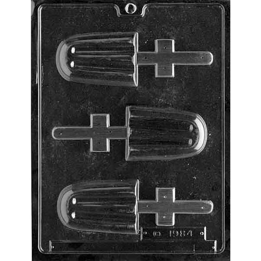 Clear plastic Traditional Popsicle Chocolate Mold with three rounded bar cavities, lined details, and wide channels for popsicle sticks