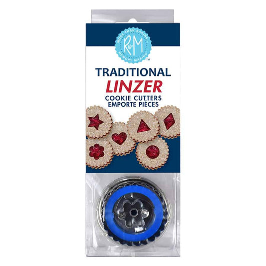 Packaged 6-piece traditional Linzer cookie cutter set with fluted round base and center shape inserts