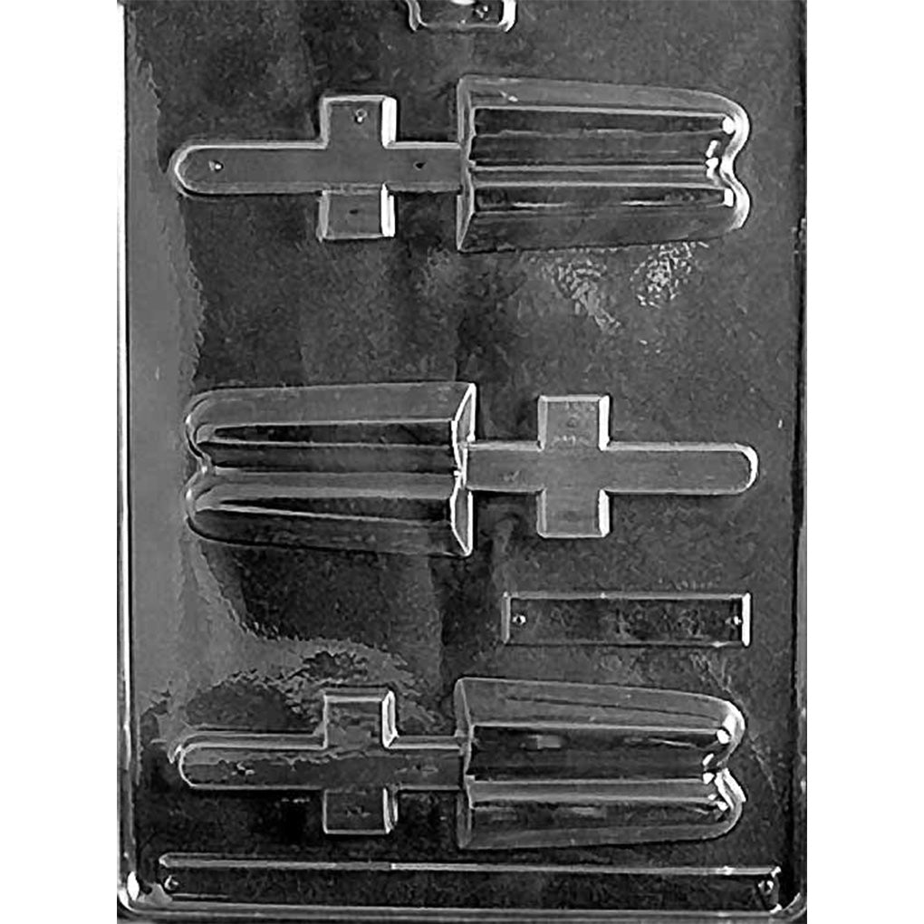 Three-cavity traditional twin popsicle chocolate lollipop mold with split double-bar shapes, rounded tops, lengthwise detailing, and wide stick channels.