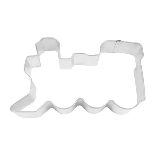 A silver metal train locomotive cookie cutter with a classic steam engine shape, displayed on a white background.